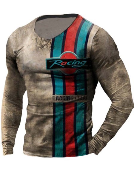 

Casual Round Neck Long Sleeve Digital Print Slim Pullover Men's T-shirt, Brown, T-shirt