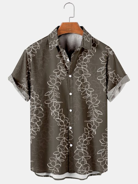 

Resort Style Hawaiian Series Botanical And Floral Elements Lapel Short-Sleeved Shirt Print Top, Gray, Men's Floral shirt