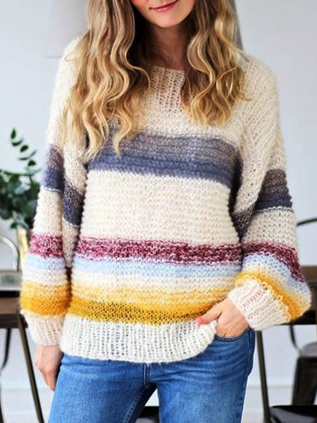 

Color-block Striped Long Sleeves Crew Neck Plus Size Casual Sweaters, Multicolor, Knitwear & Sweaters