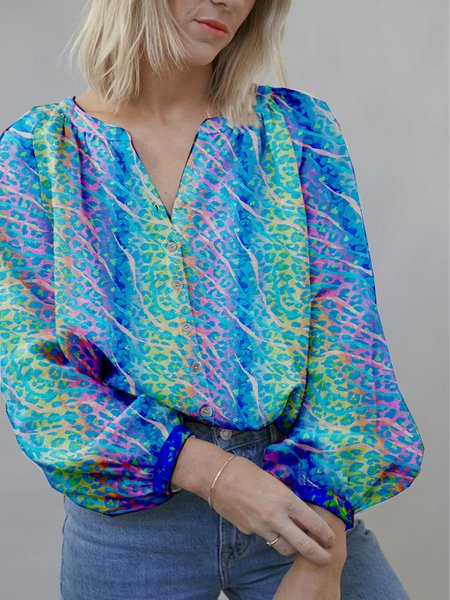 

Gradient color pattern printing button design spring comfortable ladies blouse, Multicolor, Shirts & Blouses