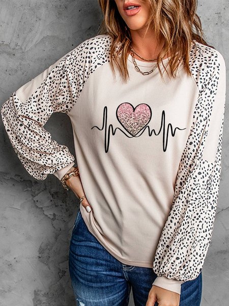 

Long Sleeve Leopard Round Neck Shirts & Tops, As picture, Tops