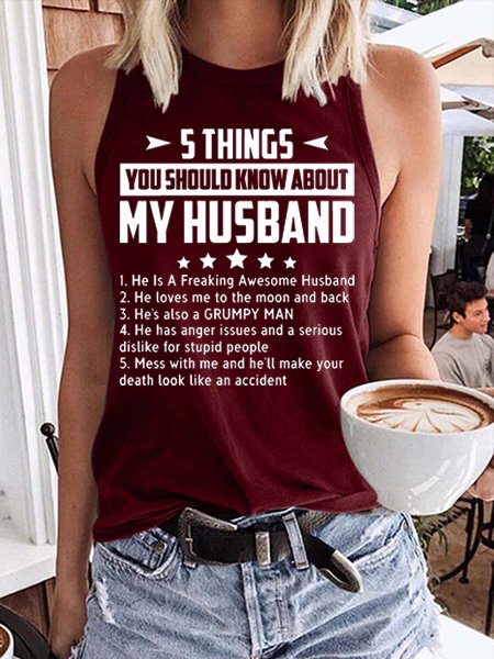 

5 Things About My Husband Crew Neck Tanks & Camis, Red, Tank Tops