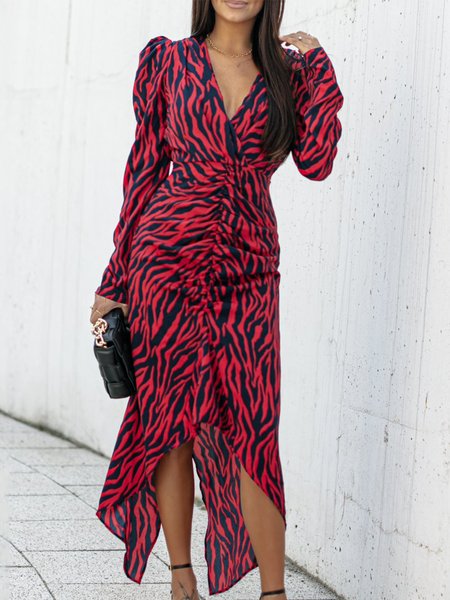 

Elegant Deep V Long Sleeve Regular Fit Midi Dress, Red, Midi Dresses
