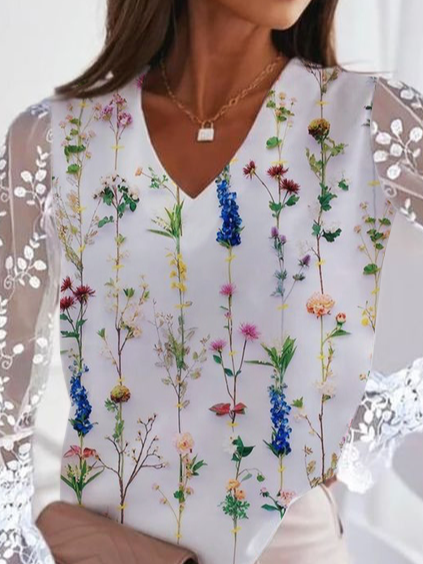 

Vacation V Neck Lace stitching Cotton Blends Floral Shirts & Tops, White, Long Sleeves