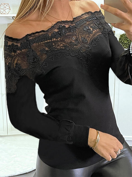 

Lace Off The Shoulder Casual Long Sleeve Shirts & Tops, Black, T-Shirts