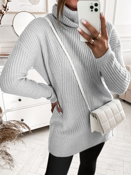 

Long Sleeve Casual High Neck Plain Sweater, Gray, Knitwear & Sweaters