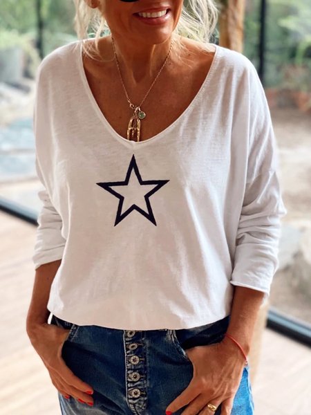 

Star Round Neck Casual Long Sleeve Loosen Shirts & Tops, White, Tops