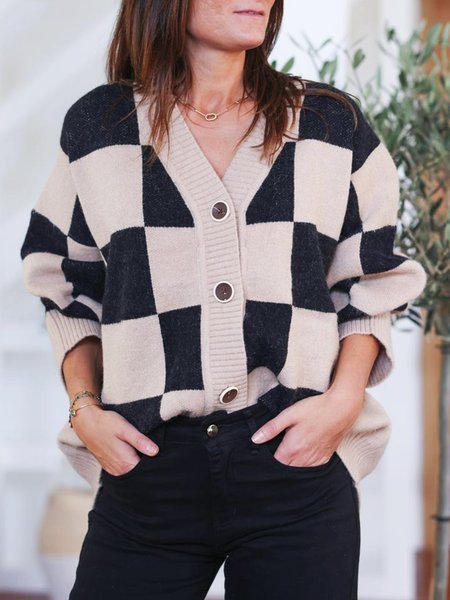 

Checked/Plaid V Neck Casual Buttoned Loosen Sweater, As picture, Knitwear & Sweaters