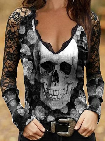 

Skull Casual V Neck Floral Regular Fit Shirts & Tops, Black, Tops