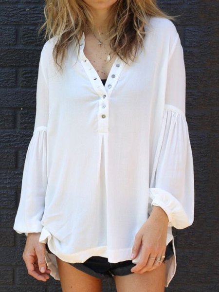 

Casual V neck Solid Long Sleeve Shirts & Tops, White, Tops