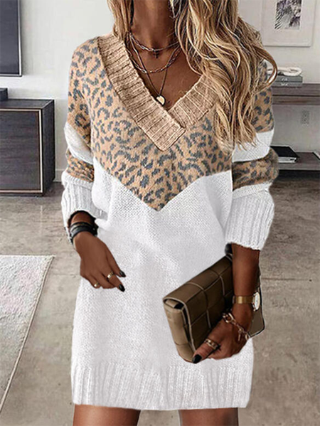 

Color Block Leopard V Neck Casual Dresses, Khaki, Mini Dresses