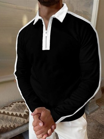 

Men's long-sleeved lapel black and white color matching loose polo shirt men's polo shirt, As picture, polo