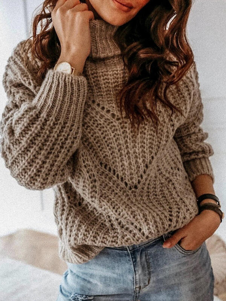 

Long Sleeve Plain Casual High Neck Sweater, Camel, Knitwear & Sweaters