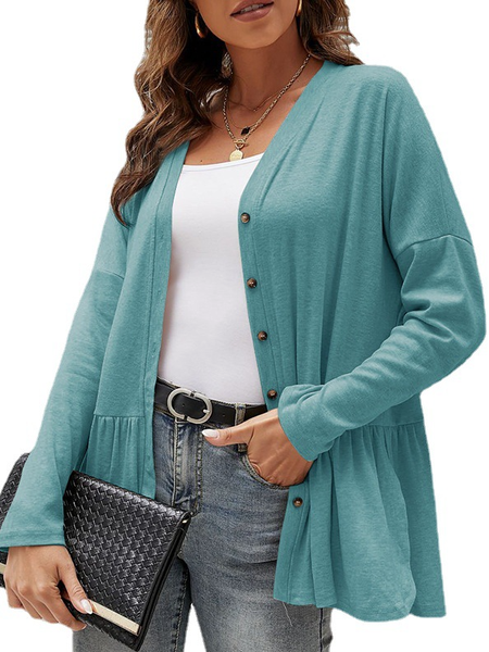 

V Neck Cotton Blends Loosen Outerwear, Cyan, Cardigans