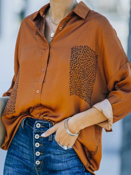 

Casual Long Sleeve Plus Size Leopard Tops Blouses, Brown, Blouses & Shirts
