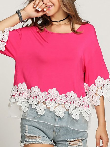 

Loosen Solid Casual Lace Half Sleeves Tops, Deep pink, Tops