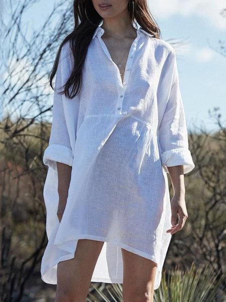 

Casual Lapel Solid Loosen Long Sleeve Dresses, White, Mini Dresses
