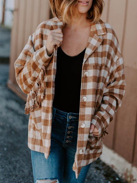 

Plaid Long Sleeve Tassel Lapel Plus Size Casual Jackets, Khaki, Coats & Jackets