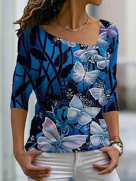 

Loosen Butterfly V Neck Shirts & Tops, Blue, Tops