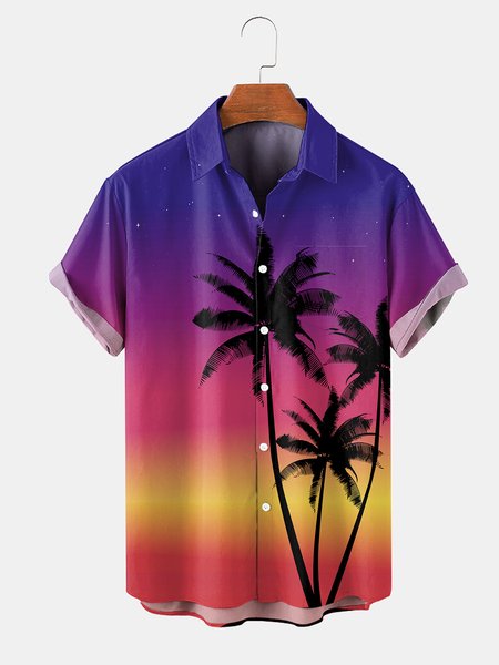 

Coconut Tree Graphic Short Sleeve Casual Men's Shirt, As picture, Men's Floral shirt