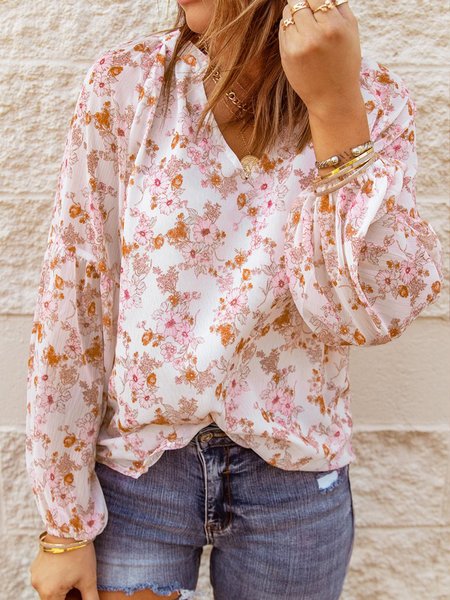 

Loosen Boho floral V Neck Shirts & Tops, White, Tops