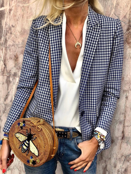Plus size Plaid Casual Checkered Long Sleeve Outerwear, Blue, Coats & Jackets
