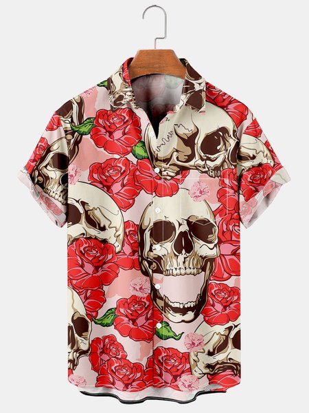 

Rose Skull Graphic Short Sleeve Casual Men's Shirt, As picture, Men's Floral shirt