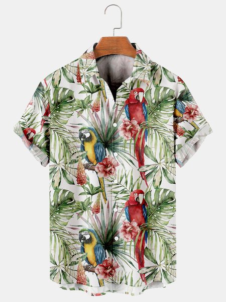 

Mens Parrot Print Retro Breathable Hawaiian Shirt, As picture, Men's Floral shirt