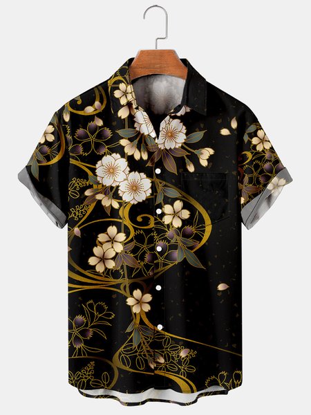 

Sakura Graphic Short Sleeve Casual Men's Shirt, Black, Men's Floral shirt