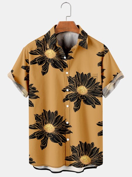 Floral Graphic Short Sleeve Casual Men's Shirt, Black, Men's Floral shirt