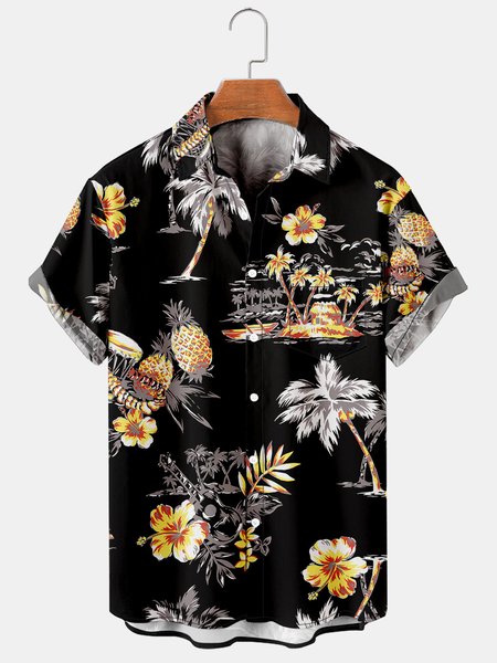 

Tropical Style Graphic Short Sleeve Casual Mens Shirt, Black, Men's Floral shirt