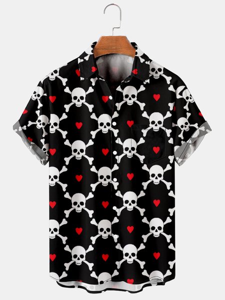 

Skull Graphic Short Sleeve Casual Men's Shirt, Black, Men's Floral shirt