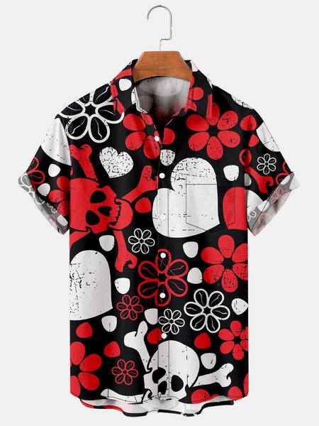 

Skull Graphic Short Sleeve Casual Men's Shirt, Black, Men's Floral shirt