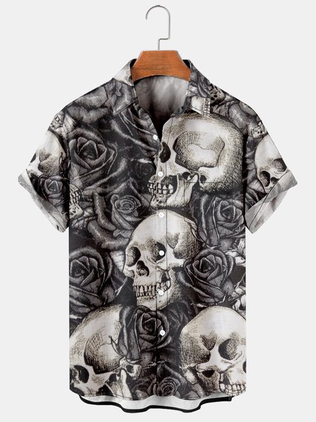 

Rose Skull Graphic Short Sleeve Casual Men's Shirt, Black, Men's Floral shirt