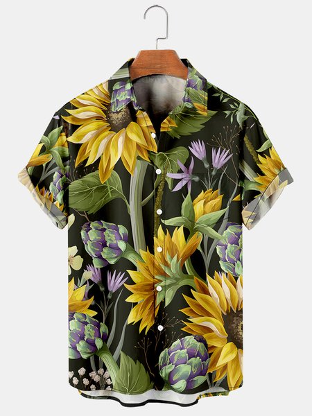 

Sunflower Graphic Short Sleeve Casual Men's Shirt, Black, Men's Floral shirt