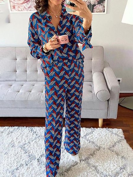 

Geometric Print Long Sleeve Shirt Collar Tops & Pant Suits, Blue, Suit Set