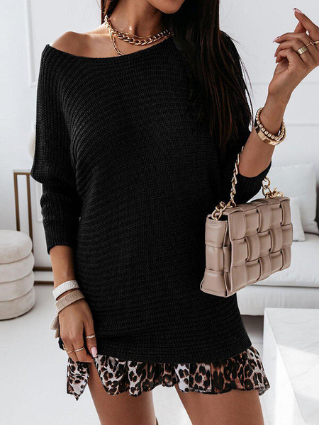 

Long Sleeve Casual Leopard Patchwork Dresses, Black, Mini Dresses