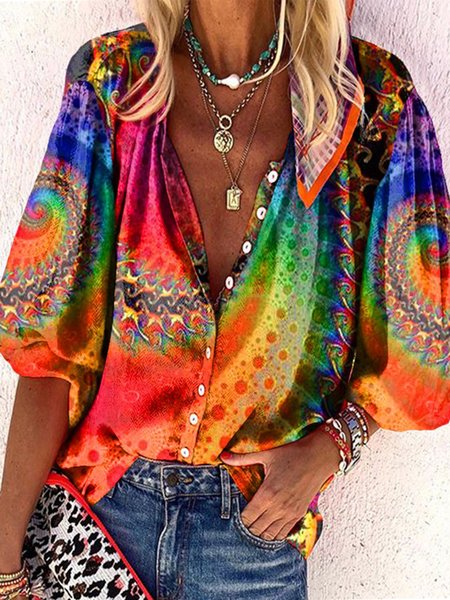 

JFN V Neck Boho Puff Sleeves Casual Shirt, Multicolor, Shirts & Blouses