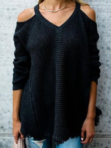 

Solid Casual Spaghetti Tassel Long Sleeves Tops, Black, Tops