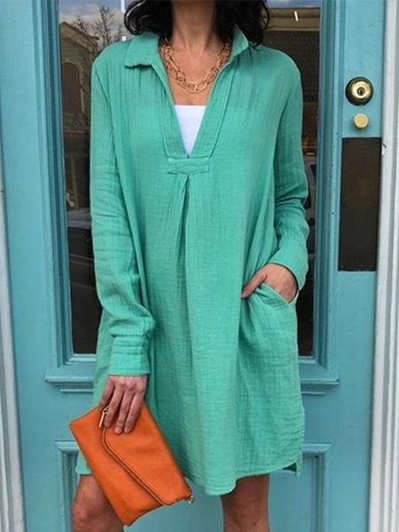 

Casual Solid V neck Loosen Pocket Long Sleeve Dresses, Green, Mini Dresses