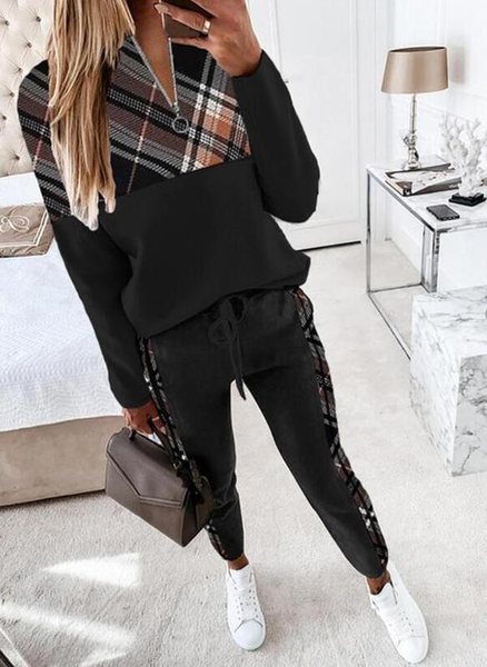 

Checked/Plaid Casual Cotton Blends Zipper Suits, Black, Suit Set
