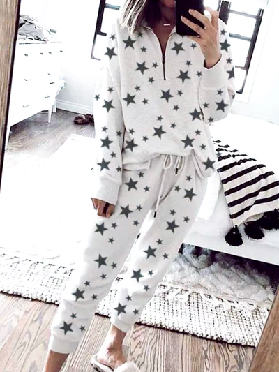 

Star Pattern Regular Fit Zipper V Neck Suits, White, Suit Set