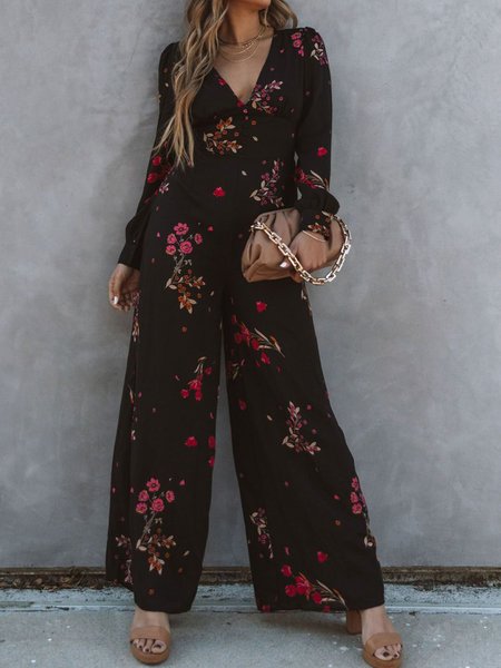 

Vacation Floral Print Casual V-neck Long Sleeve Jumpsuits, Black, Jumpsuits＆Rompers