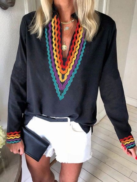 

Colorful Embroidered V Neck Casual Loosen Shirts & Tops, Black, Tops