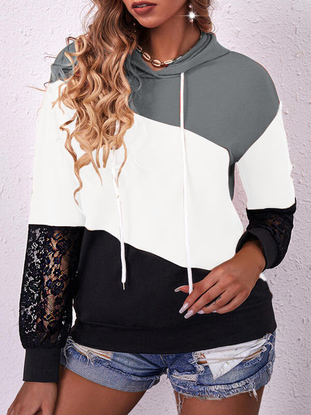 

Black and white gray irregular geometric contrast stitching see-through lace stitching hooded sweater with cuffs Color Block Loosen Sweatshirt, Multicolor, Sweatshirts & Hoodies