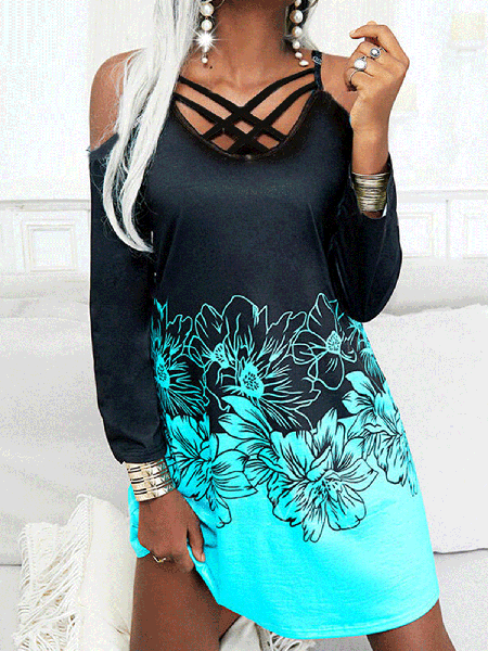 Positioning printed sling long-sleeved casual dress with big swing, Sky blue, Mini Dresses