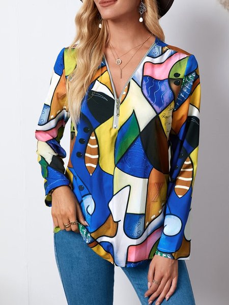 

New geometric print zipper ladies design spring comfortable temperament blouse, Multicolor, Long sleeve tops
