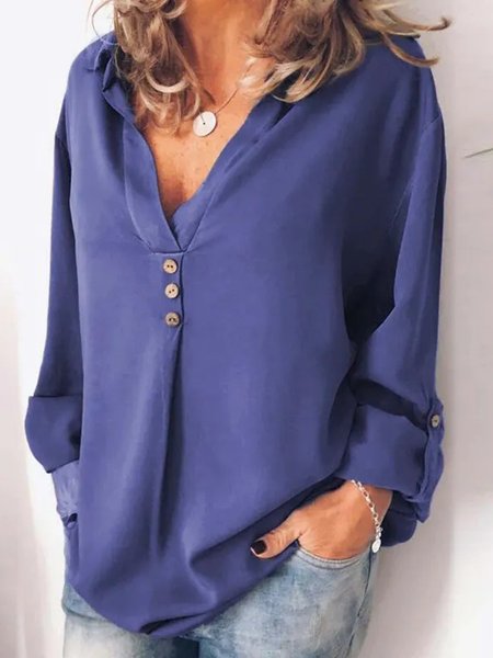 

V Neck Buttoned Casual Long Sleeve Loosen Shirts & Tops, Blue, Blouses & Shirts