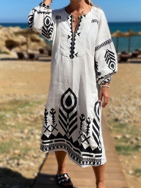 

Boho Notched Paisley cotton Dresses, White, Midi Dresses