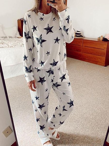 

Casual Round Neck Star Print T-Shirt Pants Pyjamas Sets, White, Suit Set